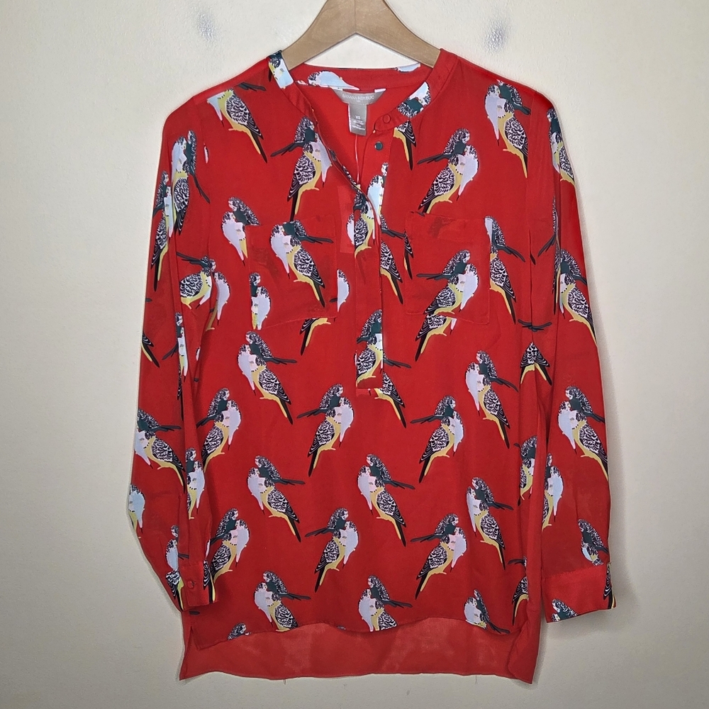 NWT Banana Republic Factory Red Bird Parakeet Print Semi-Sheer Blouse Size XS